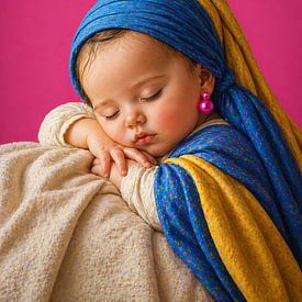 Vermeer onirique : La Jeune Fille à la perle endormie en bleu et or sur Kleurenrijk