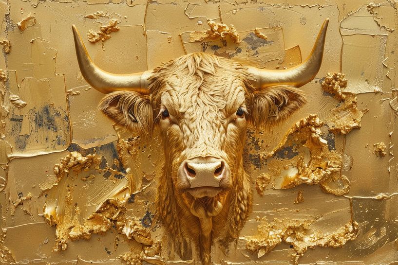 Gouden Majesteit - Elegant Stierportret in Luxe Kunst van Eva Lee
