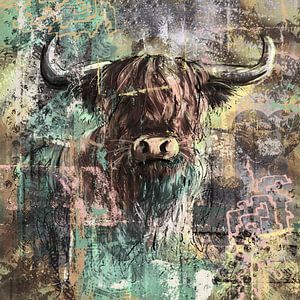 Schottisches Highlander-Kunstwerk im Mixed-Media-Stil
