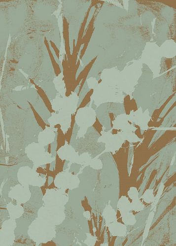 Botanique abstraite. Fleurs en ocre foncé et gris vert.