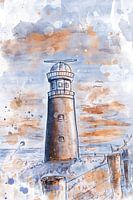 Aquarel illustratie vuurtoren van Texel in roestbruin en blauw tint