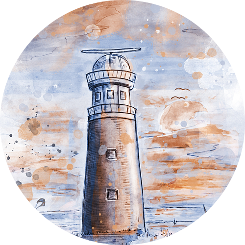 Aquarel illustratie vuurtoren van Texel in roestbruin en blauw tint