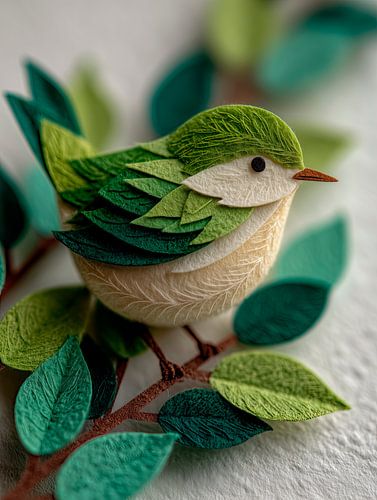 Kleine vogel in een tak met bladeren – papiercollage