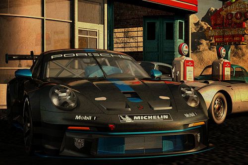 Porsche 997 GT3 RS 2021 bij een oud benzinestation