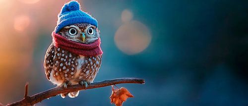 Owl with hat and scarf in autumn