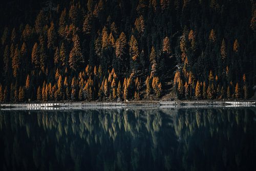 Moody autumn colors in the alps. Trees and mountain lake reflection.