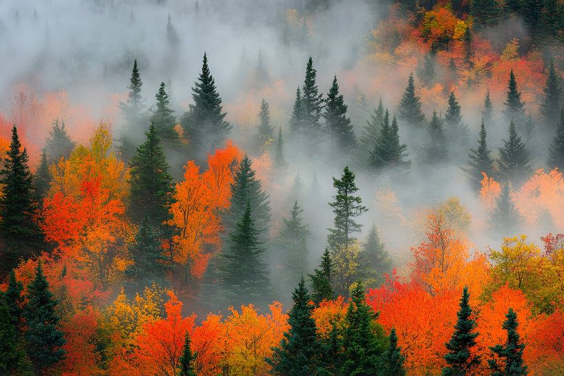 Autumn forest in the mist - colourful and mystical by Poster Art Shop