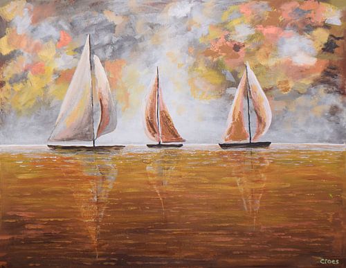 3 zeilboten in goudzilveren achtergrond