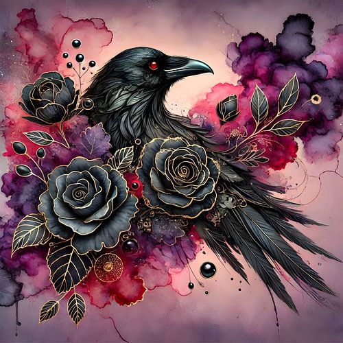 Nocturne Whispering - Raven and Black Roses Kunst von Manuela Dekkers