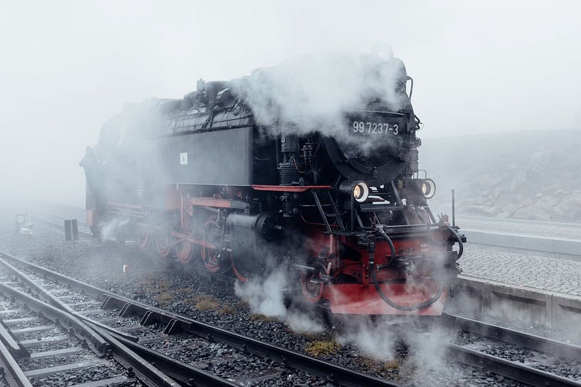 Railway with  steam and fog van Oliver Henze