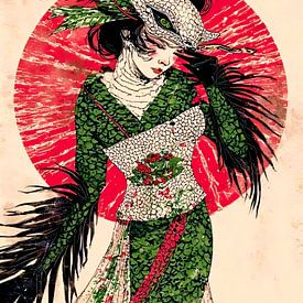 Masque-Geisha à plumes - L'élégance dans le cercle rouge sur A.D. Digital ART