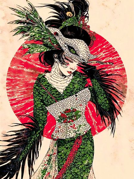 Feathered mask geisha - elegance in a red circle by A.D. Digital ART