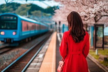 Vrouw op het station met kersenbloesems van Poster Art Shop