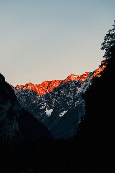 De zon gaat onder tussen de bergen van Zwitserland (l)