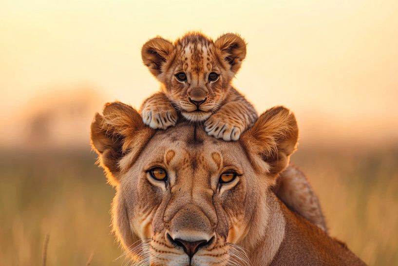 Lion family sunset by Poster Art Shop