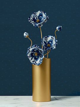 Nature morte en bleu de Delft : Vase doré avec coquelicots