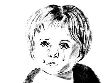 Het huilende jongetje , een tekening in zwart wit. van Jose Lok