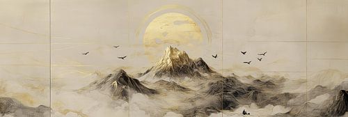 Panorama van gouden bergen, geschilderd in delicate Chinese inkt op rijstpapier.