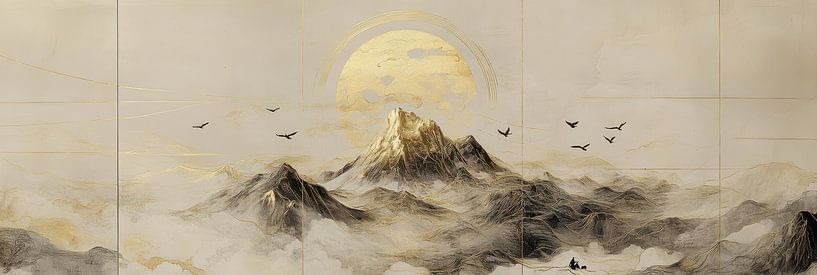 Panorama of golden mountains, painted in delicate Chinese ink on rice paper. by Digitale Schilderijen