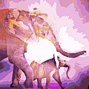 une mère éléphant avec son veau mixed media