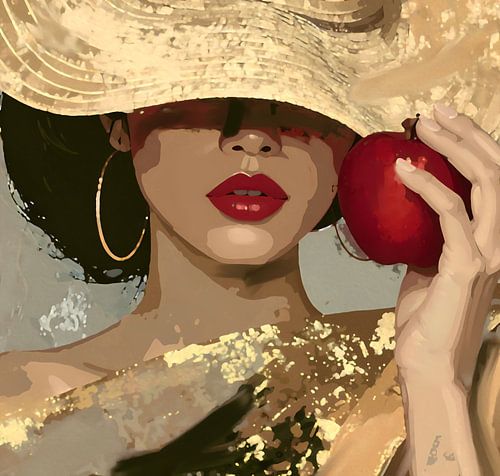 stijlvol grafisch portret vrouw met appel en grote hoed