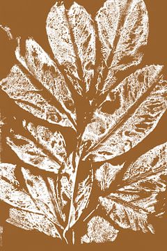 Feuilles blanches dans un style rétro. Art moderne botanique minimaliste en blanc sur brun rouille. sur Dina Dankers