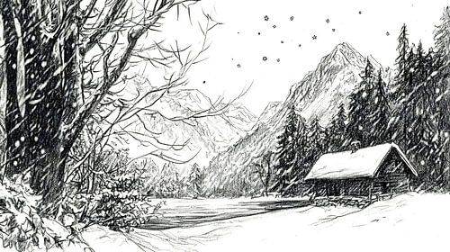 Winter hut in the snowy mountain forest