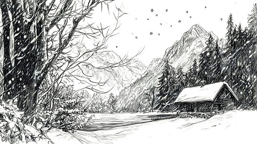 Winter hut in the snowy mountain forest by Frank Heinz