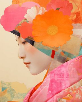 Portret van een Aziatische vrouw in collage stijl van Carla Van Iersel