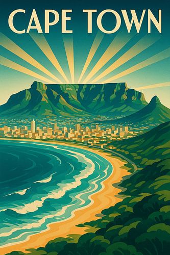 Kaapstad Art Deco Poster - Tafelberg en Atlantische kust bij zonsopgang