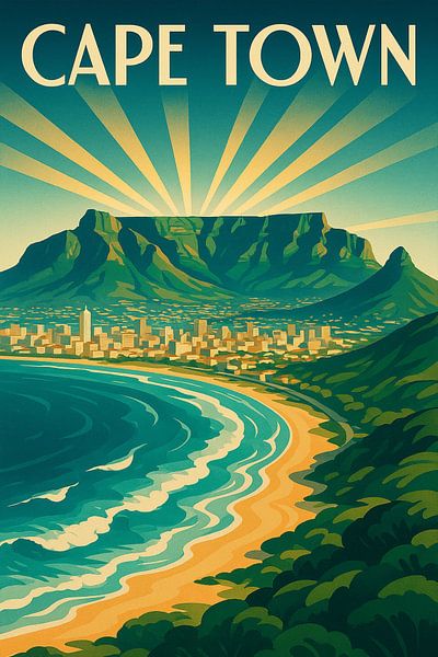 Affiche Art déco du Cap - Montagne de la Table et côte atlantique au lever du soleil par Travel Shop