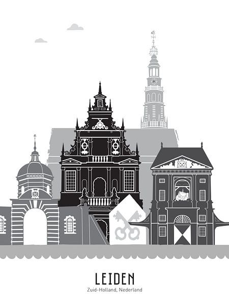 Illustration de la ligne d'horizon de la ville de Leiden noir-blanc-gris par Mevrouw Emmer