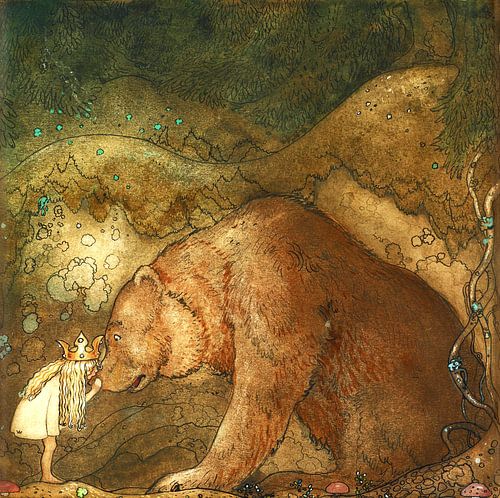 Princess with bear in the dark forest