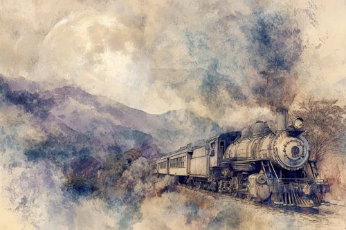 Un train à vapeur sous un clair de lune mystérieux sur Dessins et peintures de Peter Pen