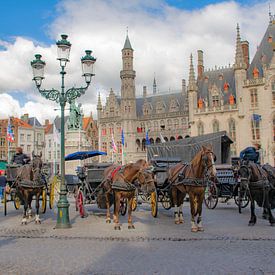 Paardenkoetsen op de Markt in Brugge van Martine Moens