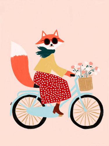 Fox on a Bicycle with Flowers – Playful Nursery Art