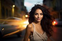 Portrait of a young woman in a busy city