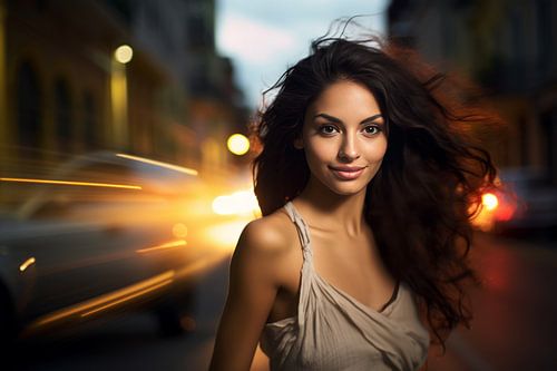 Portrait of a young woman in a busy city
