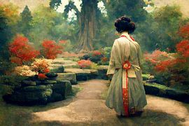 Japanese geisha in Japanese garden. by Joachim Neumann