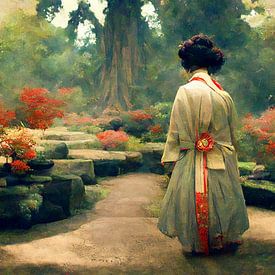 Japanese geisha in Japanese garden. by Joachim Neumann