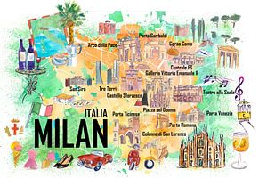 Milano Italien Illustrated Travel Poster Favorit Karte mit Straßen und touristischen Highlights