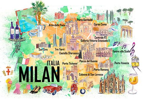 Milano Italy Illustrated Travel Poster Favourite Map with streets and tourist highlights