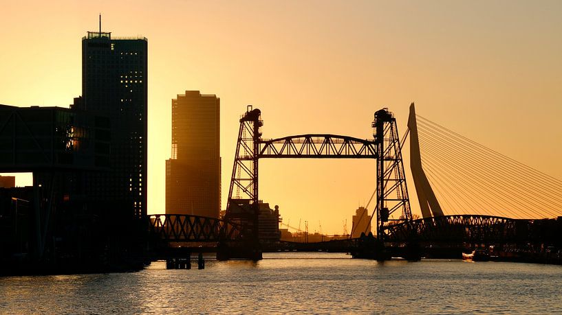 Rotterdam skyline De Hef en Erasmusbrug bij zonsondergang van Klik! Images