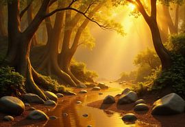 Golden-Lit Stream and Forest with River Rocks by Markus Gann