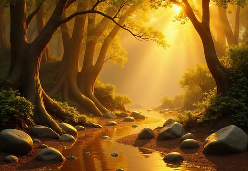 Golden-Lit Stream and Forest with River Rocks