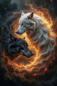 Fantasy Wall Art: YIN YANG FIRE CIRCLE - Black and White Wolf
