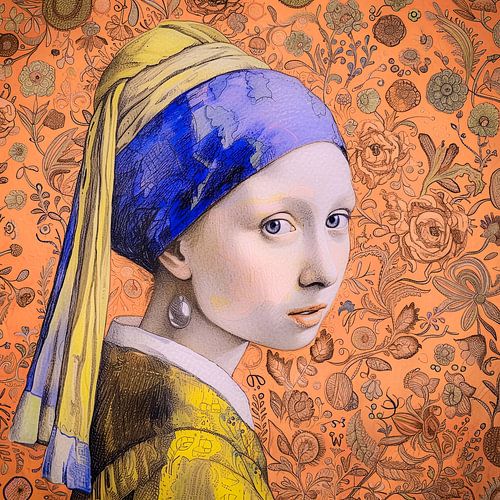 Fille à la boucle d'oreille en perle et fond d'écran fleuri sur Vlindertuin-Art