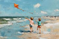 Kinderen vliegeren op het strand – aquarel schilderij vakantiegevoel