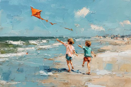 Enfants faisant voler des cerfs-volants sur la plage - aquarelle sentiment de vacances