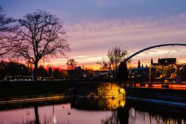 Botel, Hoge Brug and pond in Maastricht at sunset by Studio Zwartlicht